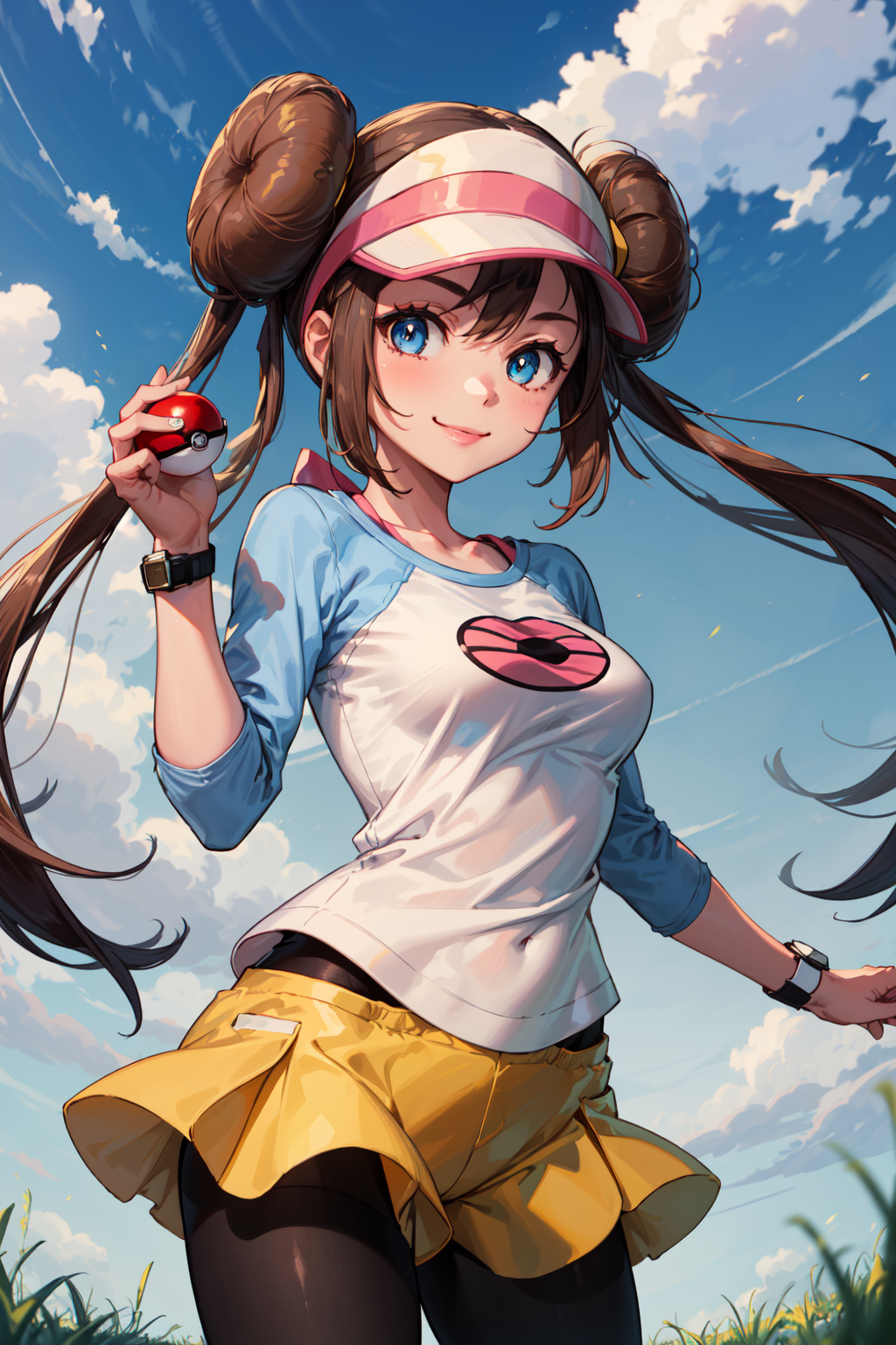 00578-1972534448-masterpiece,best quality,1girl,ro1,hair bun,blue eyes,twintails,visor cap,pantyhose,raglan sleeves,yellow shorts,shirt,pink bow,.png